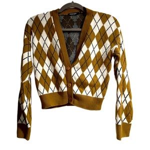 Nasty Gal Brown White Argyle Cropped Cardigan
